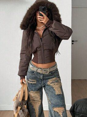 Brown Casual Women's Thermal Quilted Coat with Flannelette Hat